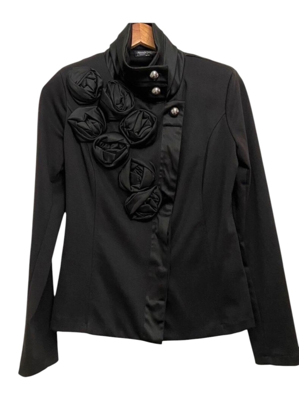 RINASCIMENTO Italy black blazer jacket sculpted flowers stretchy jersey medium